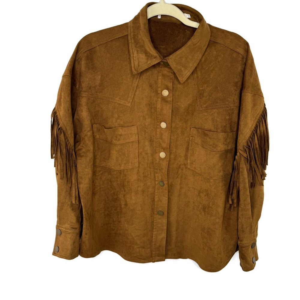 Brown Fringe Snap Down Shirt / Jacket Looks Like Leather Feels Leather Not..
